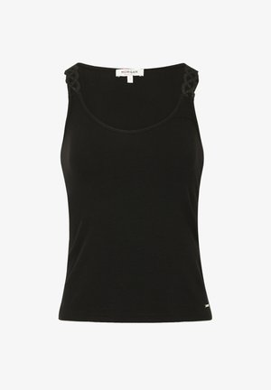 Sort ribbet tanktop med blonder detaljer på skuldrene. Har en rund halsudskæring og en tætsiddende design. Materialet ser blødt og strækbart ud.