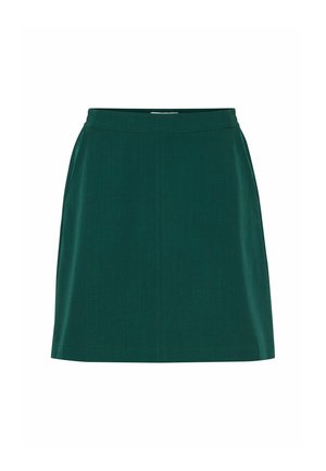 Falda verde en línea A, hecha de tela texturizada, con una cintura media y un diseño minimalista sin hardware o acentos visibles.