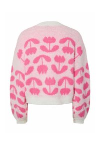 Maglione lavorato a maglia con un motivo floreale rosa su sfondo bianco, con una silhouette cropped e polsini a costine. Texture morbida.