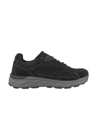 Schwarzer Sportschuh mit strukturiertem Obermaterial, grauer Gummisohle, geschichtetem Design, kontrastierender Nähte und Schnürverschluss.