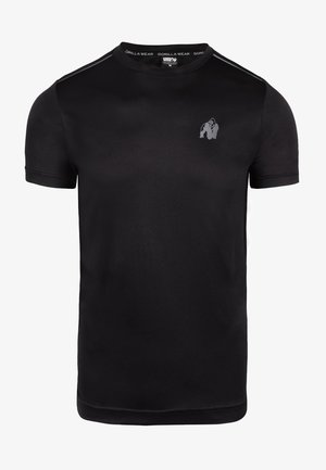 Zwart T-shirt met korte mouwen, gemaakt van gladde stof, met een klein grijs logo op de borst en subtiele schouderstrepen voor detail.