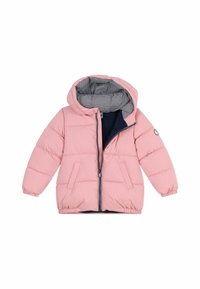 Pink puffer jacket with a hood, featuring a navy striped lining, zipper front, and two side pockets. Soft texture and quilted design.