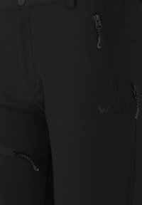 Svarta utomhusbyxor tillverkade av ett smidigt tyg, med flera fickor som stängs med dragkedja och en diskret logotyp. Designen betonar funktionalitet och hållbarhet.