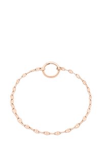 Rose gold bracelet with oval links and a circular clasp. The design features smooth surfaces and a polished finish.
