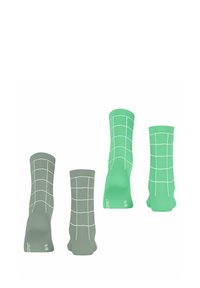 Zwei Paar Crew-Socken in Grau und Grün, mit einem Gittermuster und weißen Akzenten. Weicher, dehnbarer Stoff mit einer glatten Textur.