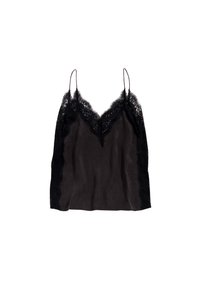 Camiseta negra sin mangas con un delicado borde de encaje en el escote y los lados. Fabricada con una tela suave y ligera, con tirantes ajustables.