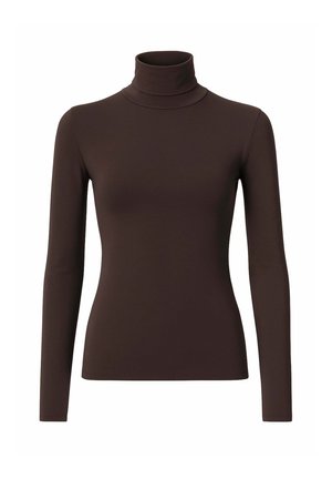 Maglione a maniche lunghe marrone con collo a rabbocco realizzato in un materiale liscio e elastico, dalla silhouette aderente e design minimalista. Senza motivi né accenti.