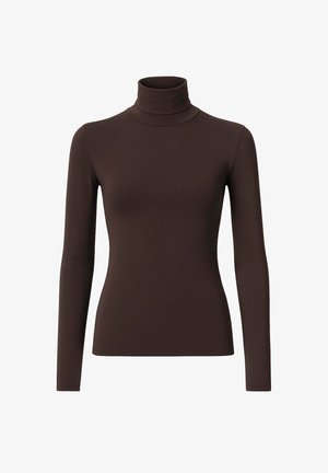 Maglione a maniche lunghe marrone con collo a rabbocco realizzato in un materiale liscio e elastico, dalla silhouette aderente e design minimalista. Senza motivi né accenti.