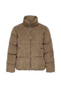 Smeđa pufasta jakna od korduroja s visokim ovratnikom, zatvaranjem na patentni zatvarač i teksturiranim valovitim uzorkom. Ima podstavljeni dizajn za toplinu.