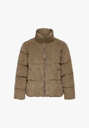 Brązowa pikowana kurtka sztruksowa z wysokim kołnierzem, zamkiem błyskawicznym i teksturowanym, falistym wzorem. Posiada ocieplającą, pikowaną konstrukcję.