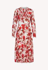 Bloemjurk met een witte basis en rode en roze bloemenpatronen, lange mouwen, geplisseerde rok en een ronde halslijn.