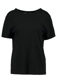 Black short-sleeve t-shirt made of smooth cotton fabric. Features a wide neckline and relaxed fit, with no visible patterns or accents.