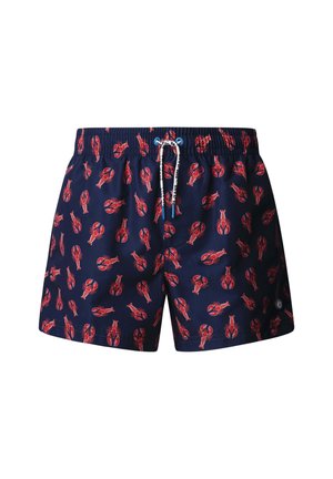 Navyblauwe zwembroek met een elastische tailleband en een witte aantrekkoord, bedekt met rode kreeftenpatronen.