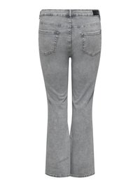 Jean en denim gris avec une légère évasement, deux poches arrière, passants pour ceinture et un patch noir sur la ceinture, vu de dos.