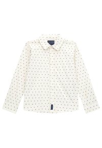 Camicia bianca con maniche lunghe, caratterizzata da un motivo di piccoli triangoli rossi. Include un colletto classico e un'etichetta con il marchio sull'orlo.