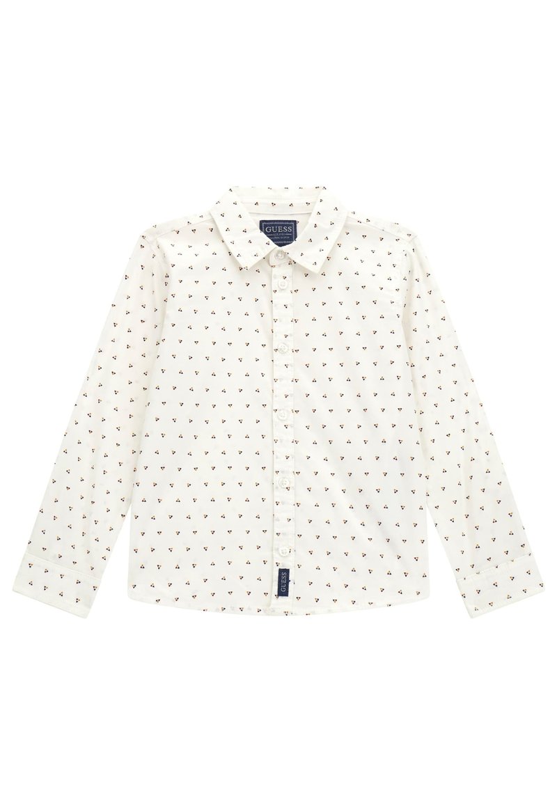 Camicia bianca con maniche lunghe, caratterizzata da un motivo di piccoli triangoli rossi. Include un colletto classico e un'etichetta con il marchio sull'orlo.