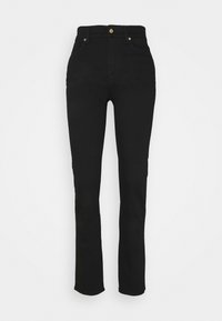 Vaqueros de mezclilla negros con corte recto, con una cintura alta, botón de hardware dorado y un diseño clásico de cinco bolsillos. Textura suave.