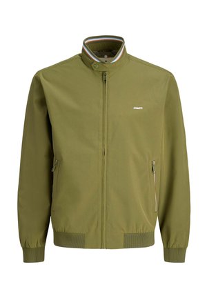 Olive green zip-up jacket with a stand collar, contrasting striped inner collar, ribbed cuffs, and two side zip pockets.