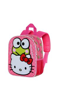Mochila rosa de Hello Kitty con un diseño de dibujos animados que incluye un personaje de rana, correas de hombro acolchadas y una tela texturizada.