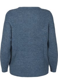 Maglione blu a maglia con una vestibilità comoda, maniche lunghe e un ampio scollo. Tessuto morbido con un sottile motivo melangiato. Senza chiusure visibili.