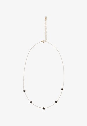 Delikatny naszyjnik z łańcuszka ze złota z pięcioma małymi czarnymi zawieszkami w kształcie gwiazdek równomiernie rozmieszczonymi na łańcuszku oraz zapięciem typu karabińczyk z przedłużką.