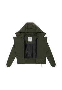 Tamsiai žalia paminkštinta striukė su kapišonu, turinti užtrauktuką priekyje, elastingas rankoves ir juodą, raštuotą vidinį pamušalą.