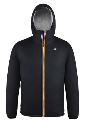 Veste à capuche noire avec doublure en polaire blanche, fermeture éclair frontale avec bordure tricolore et petit logo sur la poitrine, présentée sur fond blanc.