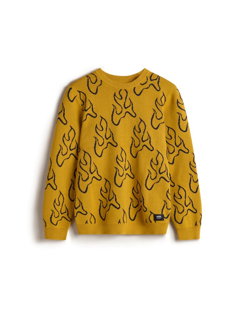 Maglione lavorato a maglia in giallo senape con motivo a fiamma nera. Presenta un collo rotondo e polsini e orlo a costine. Tessuto leggero e lavorato.