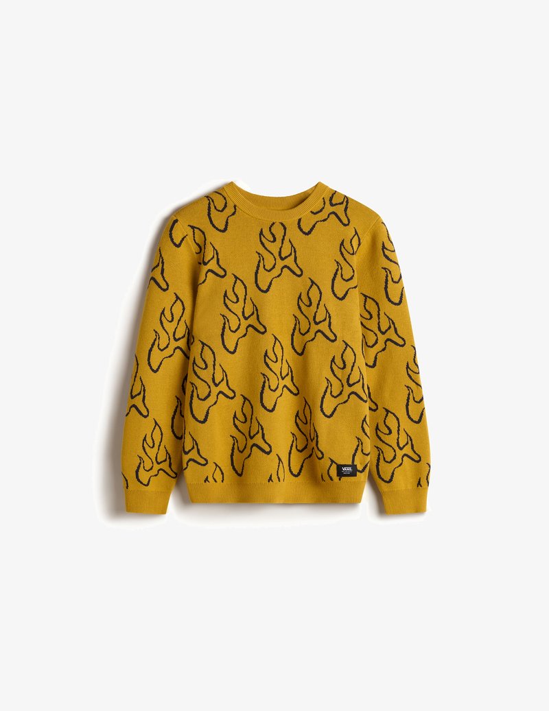 Pull en tricot de couleur jaune moutarde avec un motif de flammes noires. Doté d'un col rond et de poignets et ourlet côtelés. Tissu léger et texturé.