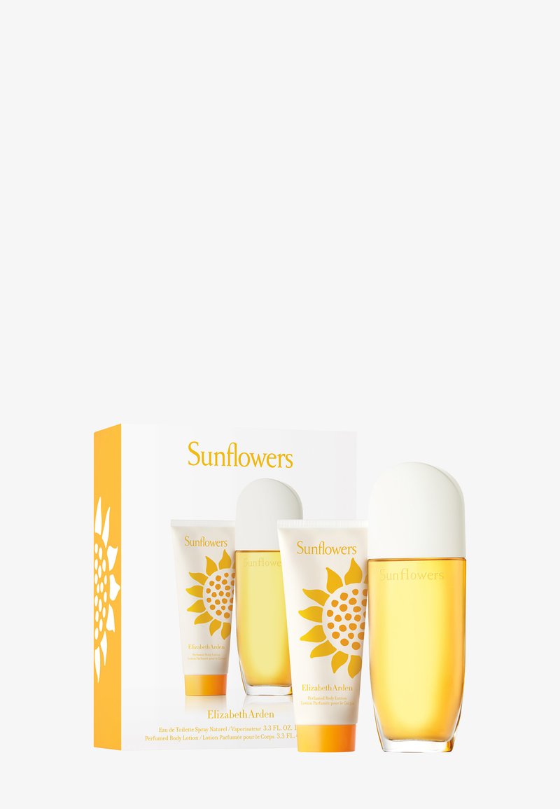 Set de regalo de perfume con diseño de girasol, que incluye una botella con tintado amarillo y un tubo de loción corporal a juego de Elizabeth Arden.