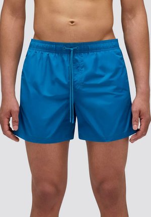 Pantaloni da bagno blu realizzati in tessuto leggero, caratterizzati da una vita elastica con cordino per la regolazione e una texture liscia.