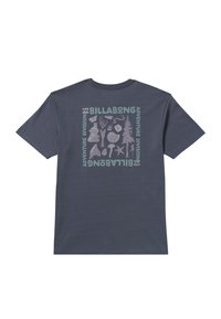 Navy blue cotton t-shirt featuring a graphic print in light pink and green, with various nature-themed icons and “Billabong Adventure Division” text.