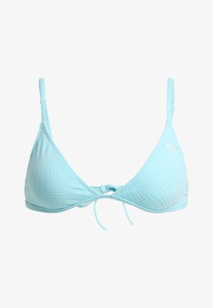 Lichtblauw driehoekig bikini topje gemaakt van gestructureerde stof met een bladpatroon, voorzien van verstelbare bandjes en een centraal strikdetail.