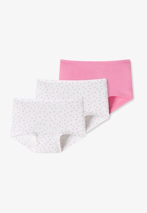 Tre par børneudstyr: en ensfarvet lyserød, to hvide med små lyserøde prikker. Blødt bommateriale, uden labels, elastisk talje.