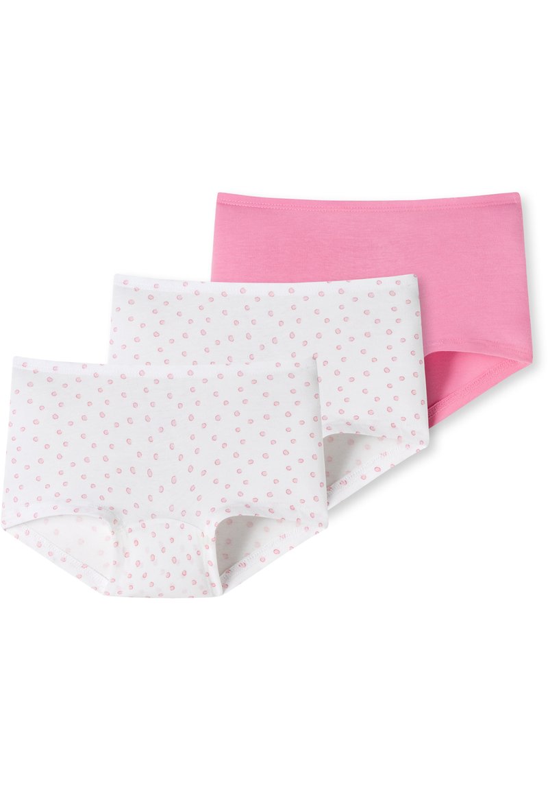Tre paia di biancheria intima per bambini: un paio rosa uniforme, due paia bianchi con piccoli punti rosa. Materiale in cotone morbido, senza etichette, cintura elastica.