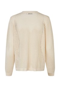 Lys beige langærmet cardigan med løs strik og åbne huller, rund halsudskæring samt ribbet kant og ærmekanter.