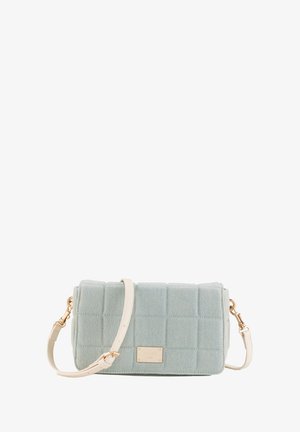Padded rectangular bag in light blue fabric with quilted pattern, cream synthetic strap, and gold-tone hardware. Features a logo plaque.