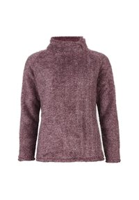 Puszysty, śliwkowy sweter z wysokim kołnierzem, długimi rękawami i miękką strukturą, o luźnym kroju i minimalnych detalach szwowych.