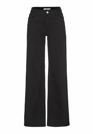 Zwarte hoge taille wijde jeans met een knoop aan de voorkant en zakken, weergegeven op een witte achtergrond.