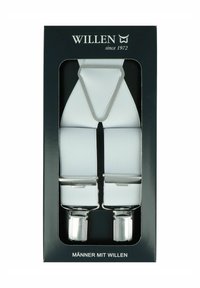 White suspenders with silver hardware, featuring a textured fabric and adjustable clips, packaged in a black box with a logo.