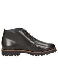Bottines en cuir noir avec une finition lisse, bout rond, dentelle, et semelle en caoutchouc robuste avec un bord marron.