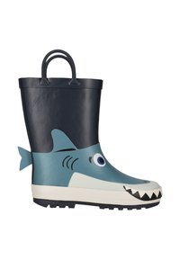 Botte de pluie pour enfants conçue comme un requin avec des nageoires, une queue, un gros œil et des dents sur une semelle imperméable noire et bleue.