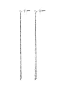 Zilveren metalen dangling oorbellen met een slank kettingontwerp. Elke oorbel heeft een pin achteraan voor veilige bevestiging.
