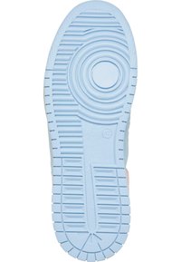 Light blue sneaker sole with circular and ridged patterns, featuring textured areas and a circular indent in the center. Logo present.