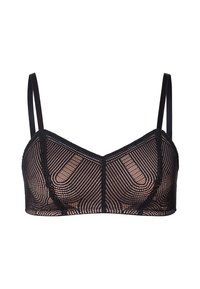 Mustat pitsistä valmistettu bralette, jossa on geometrinen kuvio, pehmeät kupit, ohuet säädettävät hihnat ja hellästi muotoiltu kaula-aukko. Ominaisuuksiin kuuluu läpinäkyvä muotoilu.