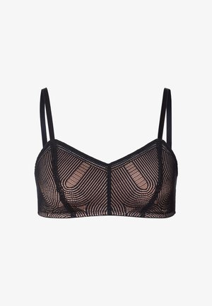 Zwarte kant bralette met geometrisch patroon, zachte cups, dunne verstelbare schouderbandjes en een licht gestructureerde halslijn. Heeft een doorzichtige uitstraling.