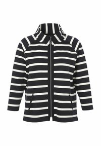Veste rayée bleu marine et blanche avec un col haut, une fermeture éclair sur le devant et deux poches. Le matériau est un tissu extensible d'une texture lisse.