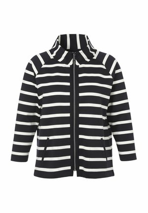 Veste rayée bleu marine et blanche avec un col haut, une fermeture éclair sur le devant et deux poches. Le matériau est un tissu extensible d'une texture lisse.
