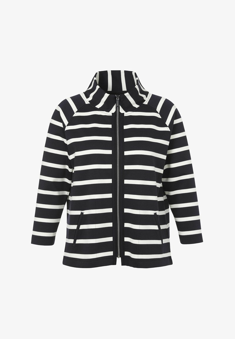 Veste rayée bleu marine et blanche avec un col haut, une fermeture éclair sur le devant et deux poches. Le matériau est un tissu extensible d'une texture lisse.