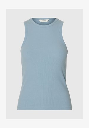 Světle modré tílko bez rukávů s žebrovanou texturou, kulatým výstřihem, přiléhavým střihem a štítkem "Selected" uvnitř límce.